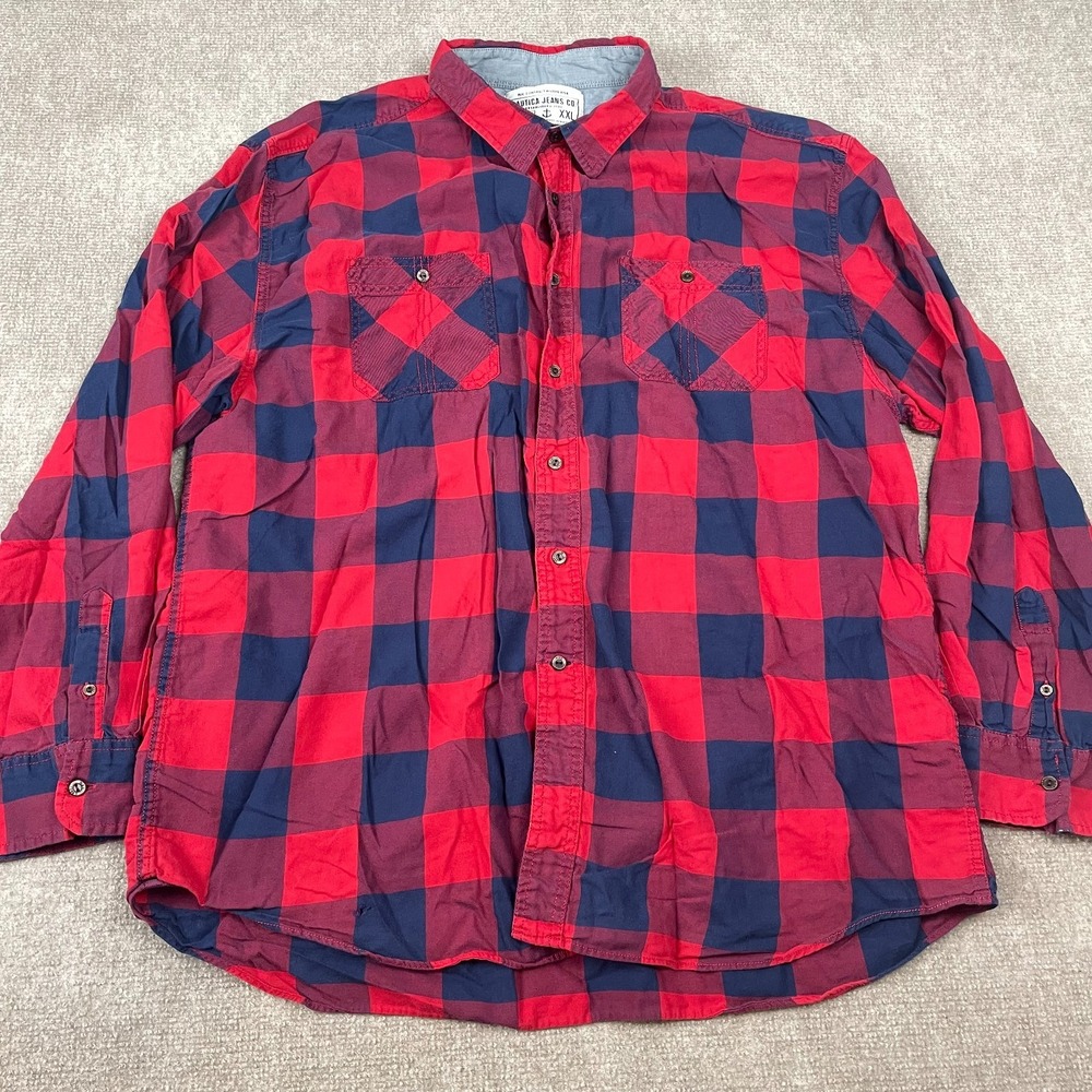 Nautica Jeans Co. Shirt Mens 2XL Red Navy Blue Buffalo Plaid Cotton Button Front